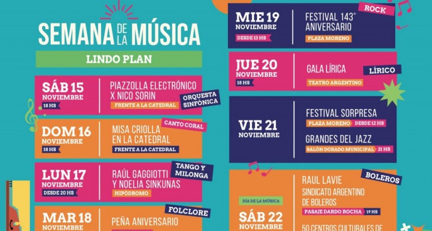  LA PLATA CELEBRARÁ SU 143° ANIVERSARIO CON LA SEMANA DE LA MÚSICA: ACTIVIDADES Y ESPECTÁCULOS GRATUITOS EN TODA LA CIUDAD
