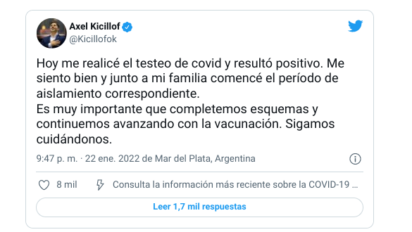AXEL KICILLOF CONFIRMÓ QUE DIO POSITIVO DE CORONAVIRUS Y ESTÁ AISLADO