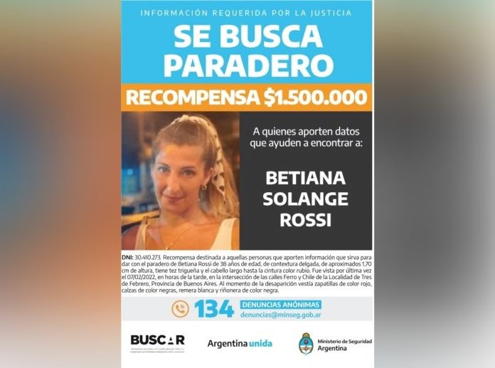 OFRECEN RECOMPENSA DE $ 1.500.000 POR INFORMACIÓN SOBRE EL PARADERO DE BETIANA ROSSI