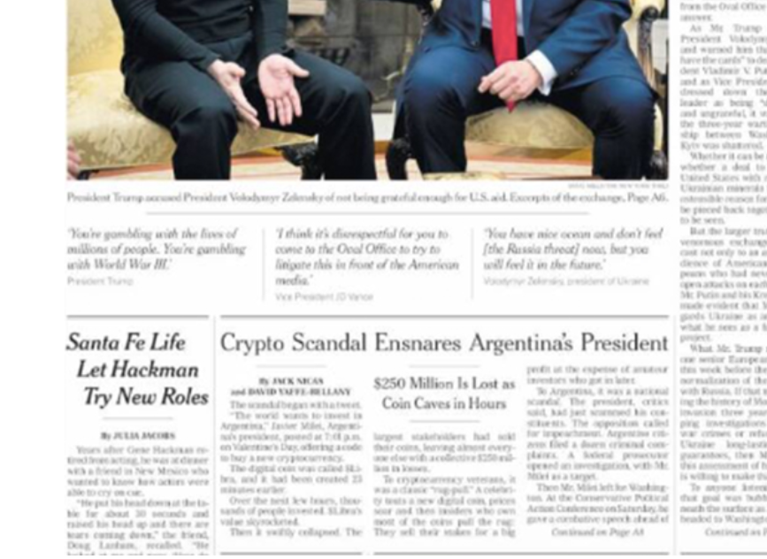 EL ESCÁNDALO DE LAS CRIPTO DE MILEI LLEGÓ A LA TAPA DEL NEW YORK TIMES: «ESCÁNDALO CRIPTO ATRAPA AL PRESIDENTE ARGENTINO»