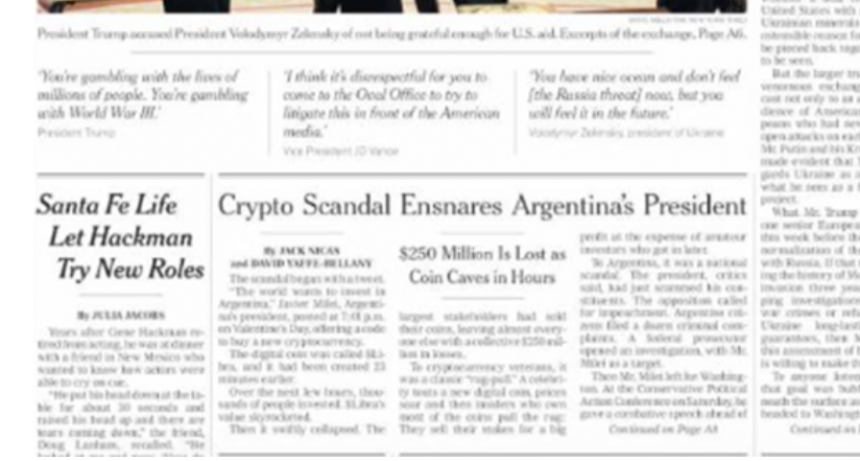 EL ESCÁNDALO DE LAS CRIPTO DE MILEI LLEGÓ A LA TAPA DEL NEW YORK TIMES: «ESCÁNDALO CRIPTO ATRAPA AL PRESIDENTE ARGENTINO»