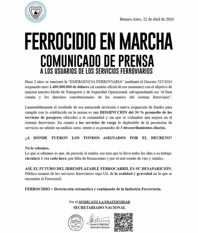 LA FRATERNIDAD DENUNCI&Oacute; UNA FUERTE CA&Iacute;DA EN LAS FRECUENCIAS DE TRENES EN EL AMBA