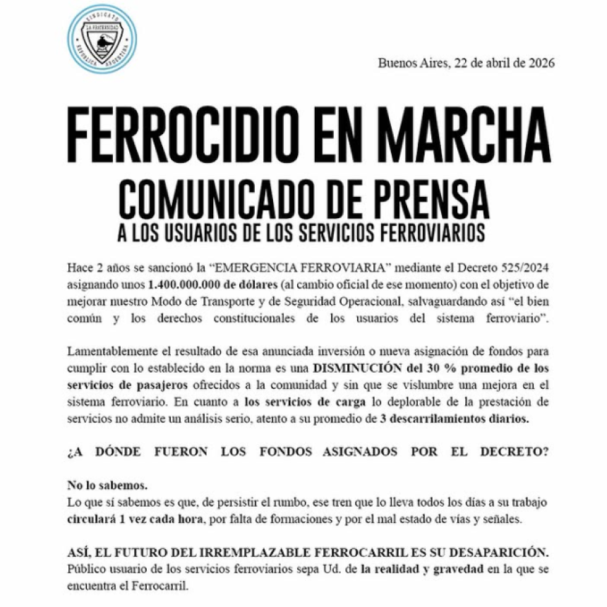 LA FRATERNIDAD DENUNCI&Oacute; UNA FUERTE CA&Iacute;DA EN LAS FRECUENCIAS DE TRENES EN EL AMBA