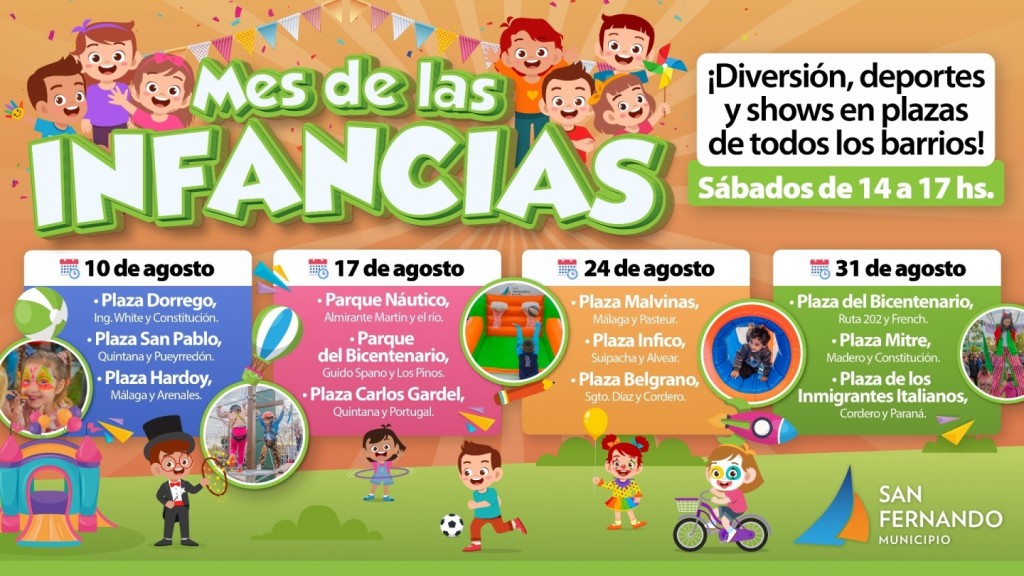 LOS SÁBADOS, LAS PLAZAS DE SAN FERNANDO TENDRÁN ACTIVIDADES POR EL MES DE LAS INFANCIAS