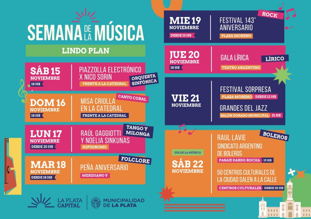  LA PLATA CELEBRARÁ SU 143° ANIVERSARIO CON LA SEMANA DE LA MÚSICA: ACTIVIDADES Y ESPECTÁCULOS GRATUITOS EN TODA LA CIUDAD